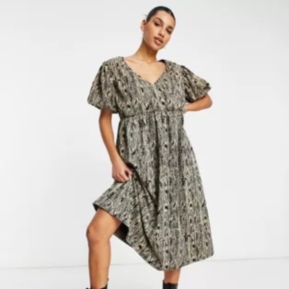 ASOS Dresses & Skirts - ASOS DESIGN wrap front midi smock dress with short puff sleeve in snake print
